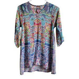 JOHNNY WAS | Cupra Rayon Patchwork Floral Tunic Top Boho V-Neck Blouse S